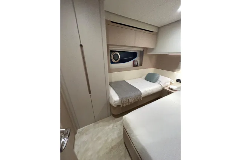  Yacht Photos Pics Luxurious interior of 2024 Azimut Fly 68 yacht cabin with modern design.