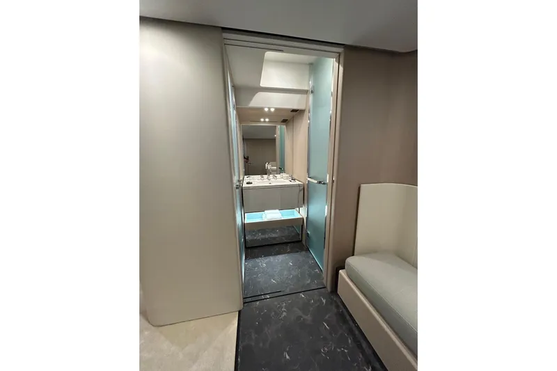  Yacht Photos Pics Luxurious interior of 2024 Azimut Fly 68 yacht, featuring modern bathroom design.