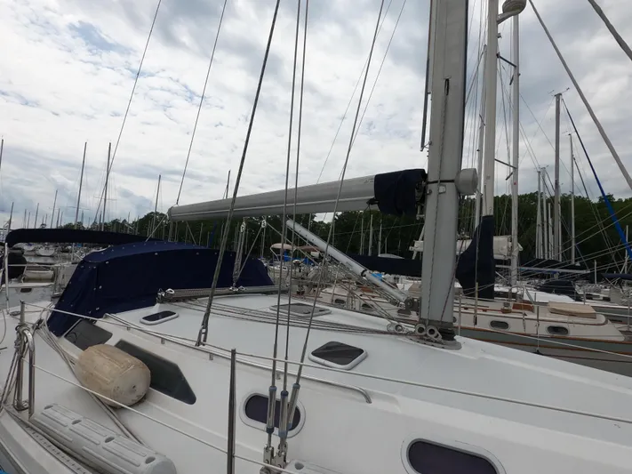 Brisa Surena Yacht Photos Pics 2002 Catalina 42 MK11 sailboat docked in a marina, surrounded by other vessels.