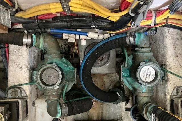  Yacht Photos Pics Engine room of 2008 Sabre 34 Express with visible wiring and plumbing components.