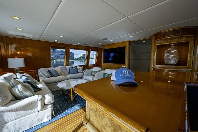 Probability Yacht Photos Pics Luxurious interior of 1997 Delta 122 Tri-Deck Motor Yacht with elegant seating and decor.