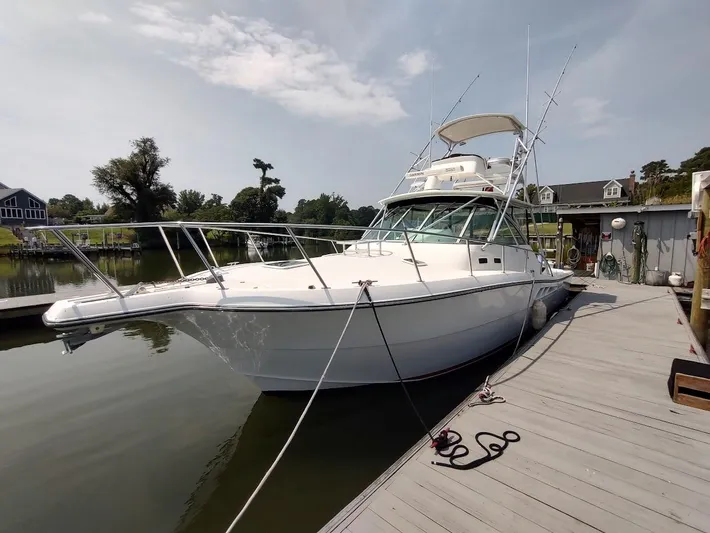 Reel Time Yacht Photos Pics 2005 Rampage 38 Express boat docked at a marina on a sunny day.