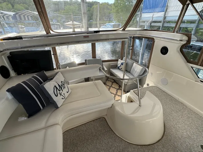 Fathom This Yacht Photos Pics 2001 Sea Ray 420 Aft Cabin interior with plush seating and scenic water view.