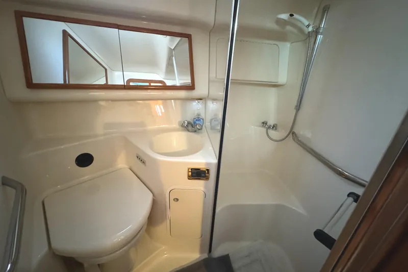 Fathom This Yacht Photos Pics 2001 Sea Ray 420 Aft Cabin bathroom with shower, sink, and mirror.