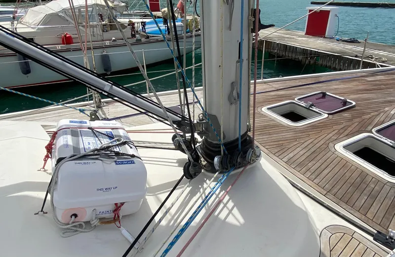  Yacht Photos Pics Deck of 2004 Hanse 531 sailboat with rigging and life raft.