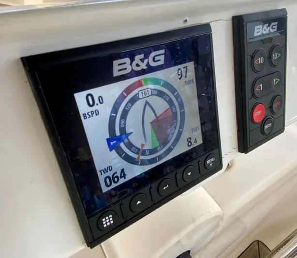  Yacht Photos Pics B&G navigation display on 2004 Hanse 531 yacht, showing wind and speed data.