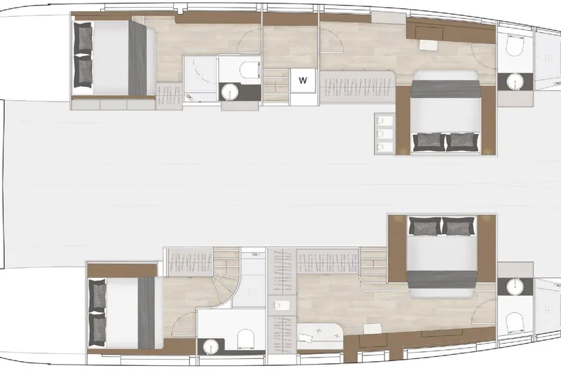 Melissa Yacht Photos Pics Floor plan of 2022 Silent 60 yacht, featuring bedrooms, bathrooms, and living areas.