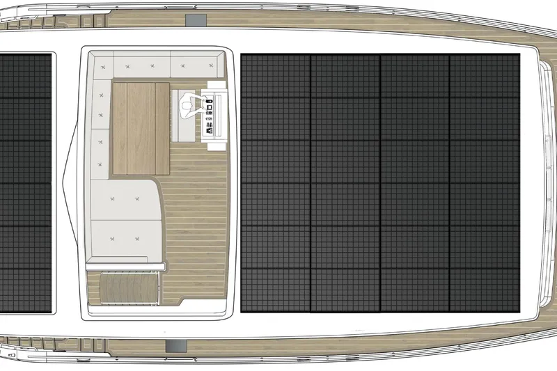 Melissa Yacht Photos Pics Top view of 2022 Silent 60 yacht layout with solar panels and seating area.