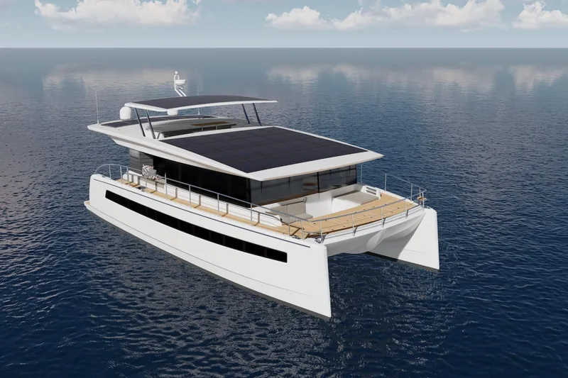 Melissa Yacht Photos Pics Silent 60 yacht 2022 model with solar panels on calm ocean waters.
