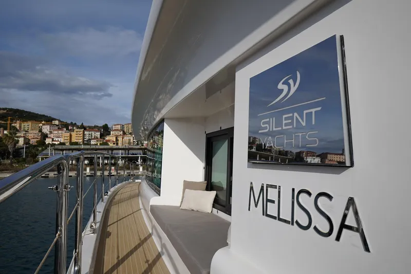 Melissa Yacht Photos Pics Silent 60 yacht "Melissa" docked, showcasing sleek design and modern architecture, 2022 model.