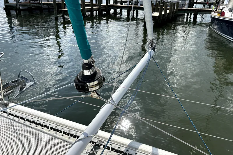 Serenity Yacht Photos Pics Sailboat rigging on 2003 PDQ 36 Capella, docked in a marina.