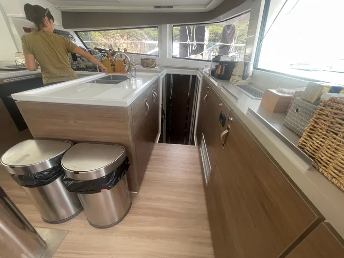  Yacht Photos Pics Modern kitchen interior on a 2023 Bali 5.4 yacht, featuring sleek countertops and appliances.