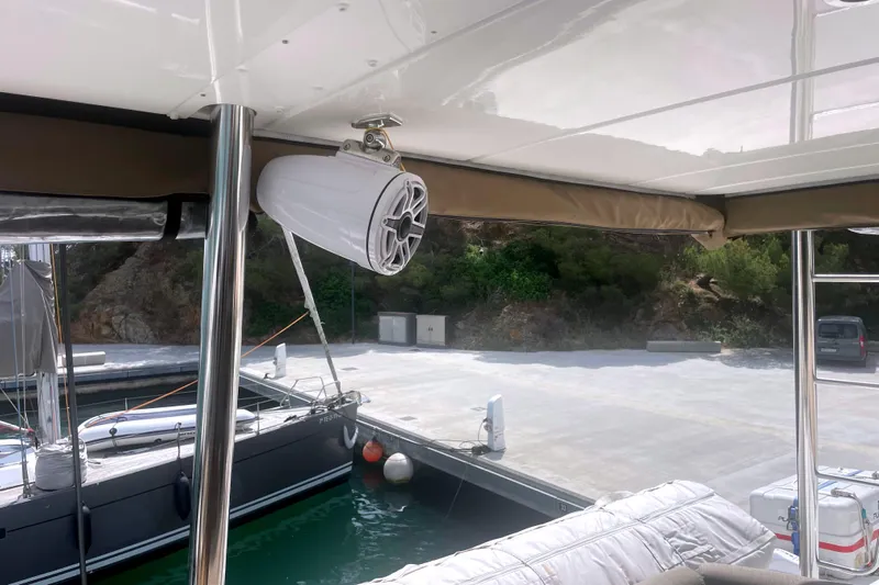  Yacht Photos Pics Bali 5.4 yacht interior with speaker, docked at marina, 2023 model.