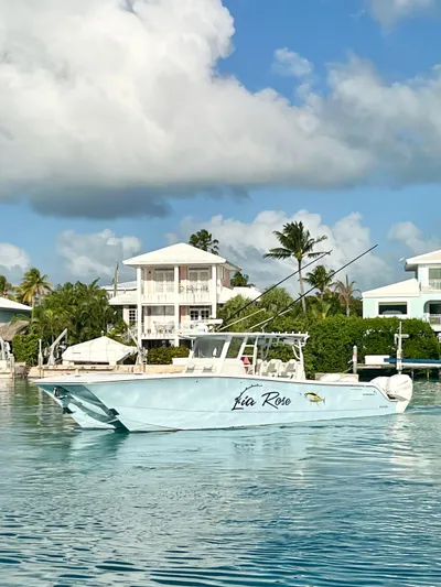 Lia Rose Yacht Photos Pics Invincible 46 Catamaran 2022 in serene waters near coastal homes.