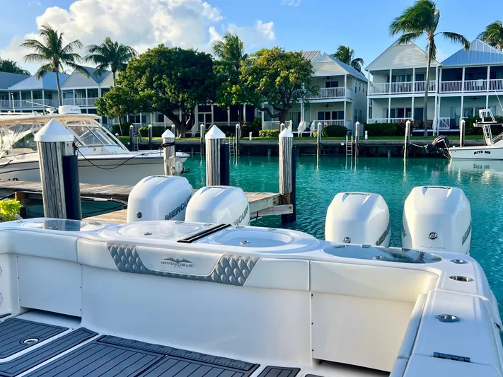 Lia Rose Yacht Photos Pics 2022 Invincible 46 Catamaran docked in a scenic marina with palm trees.