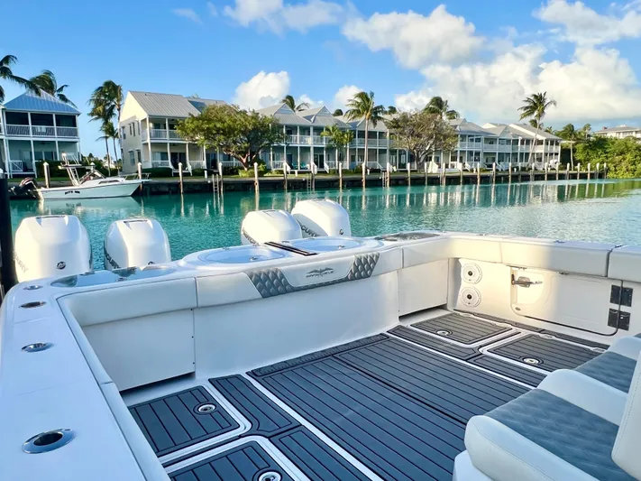 Lia Rose Yacht Photos Pics Invincible 46 Catamaran 2022 on serene waterfront with luxury homes in the background.