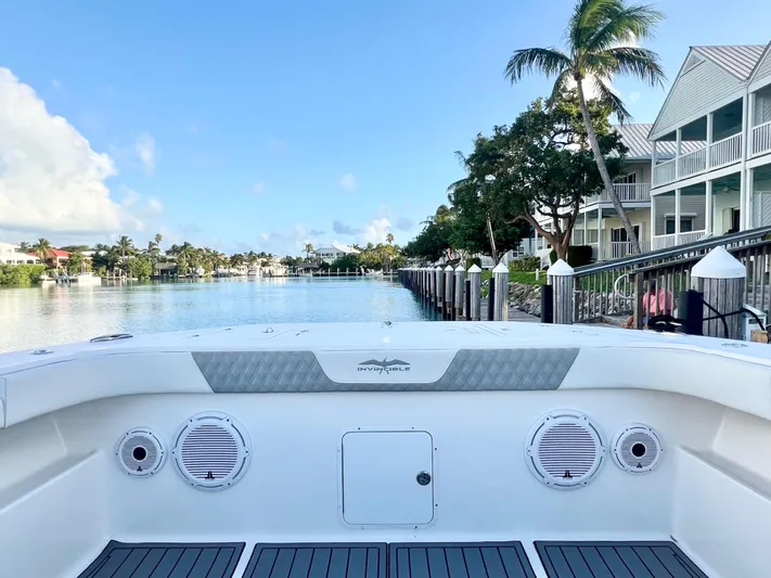 Lia Rose Yacht Photos Pics Invincible 46 Catamaran 2022 docked by waterfront homes, clear sky, and calm water.