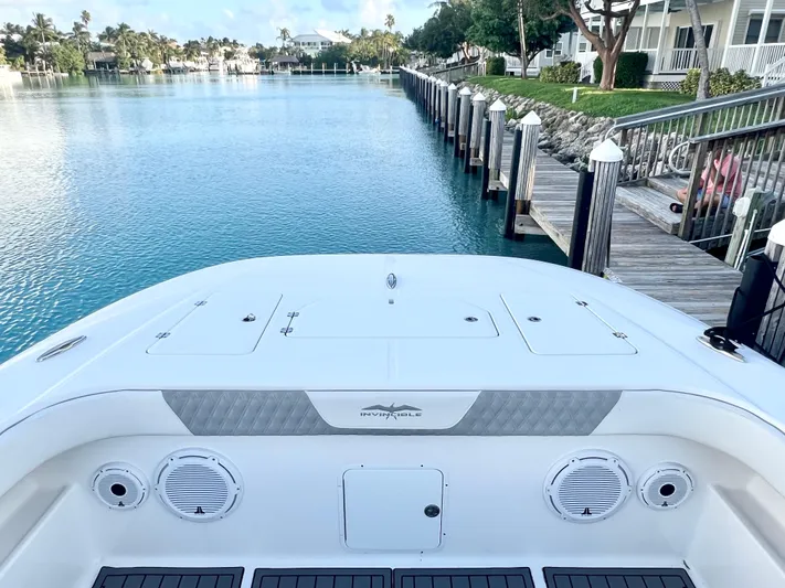 Lia Rose Yacht Photos Pics Invincible 46 Catamaran 2022 docked by serene waterfront homes.