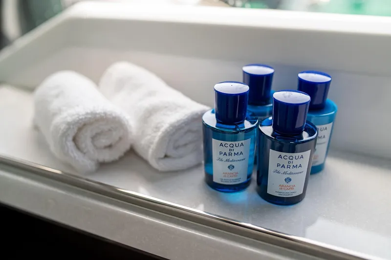  Yacht Photos Pics Luxury toiletries and towels on Galeon 500 Fly yacht, 2023 model.