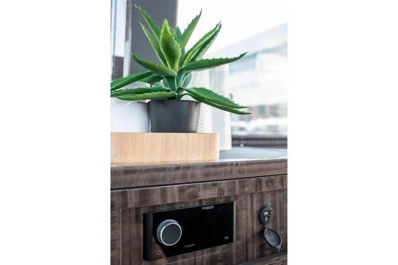  Yacht Photos Pics Potted plant on Galeon 500 Fly yacht interior, 2023 model, with Fusion audio system.