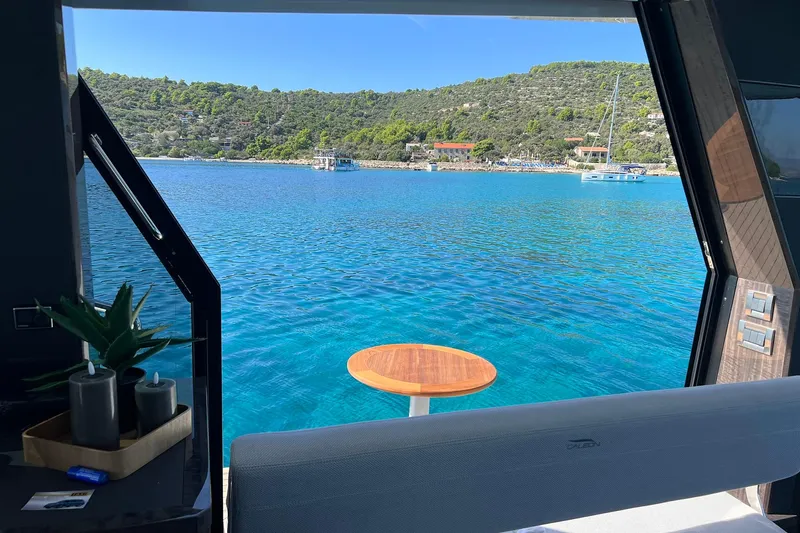  Yacht Photos Pics Luxurious 2023 Galeon 500 Fly yacht interior with stunning ocean view.