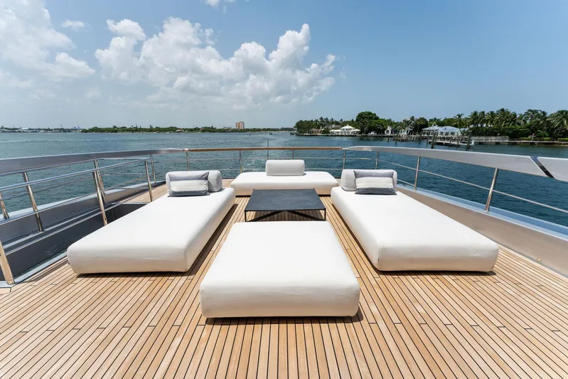 Chop Chop Yacht Photos Pics Luxurious 2023 Riva Dolcevita yacht deck with elegant sun loungers and scenic ocean view.