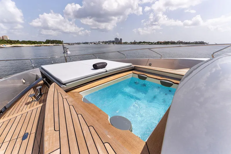 Chop Chop Yacht Photos Pics Luxury 2023 Riva Dolcevita yacht with deck jacuzzi and scenic ocean view.