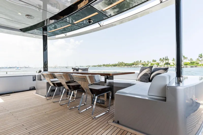 Chop Chop Yacht Photos Pics Luxurious 2023 Riva Dolcevita yacht deck with elegant seating and scenic ocean view.