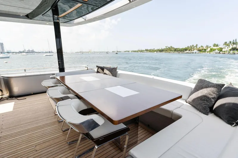 Chop Chop Yacht Photos Pics Luxurious 2023 Riva Dolcevita yacht deck with elegant seating and ocean view.
