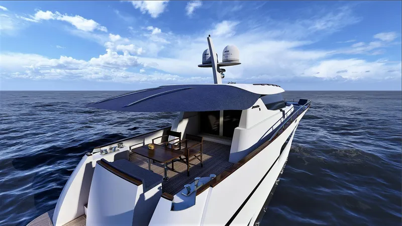 70 St Yacht Photos Pics Luxurious Monachus 70 ST yacht cruising on open sea under clear blue sky, 2026 model.