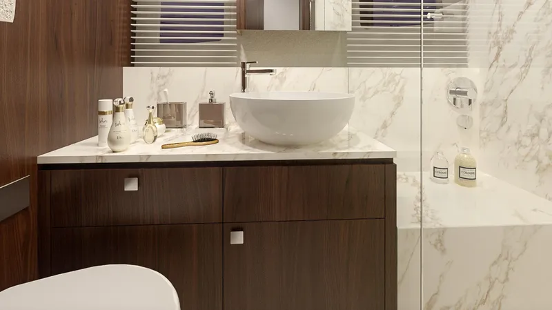 70 St Yacht Photos Pics Luxurious bathroom in 2026 Monachus 70 ST yacht with marble and wood finishes.
