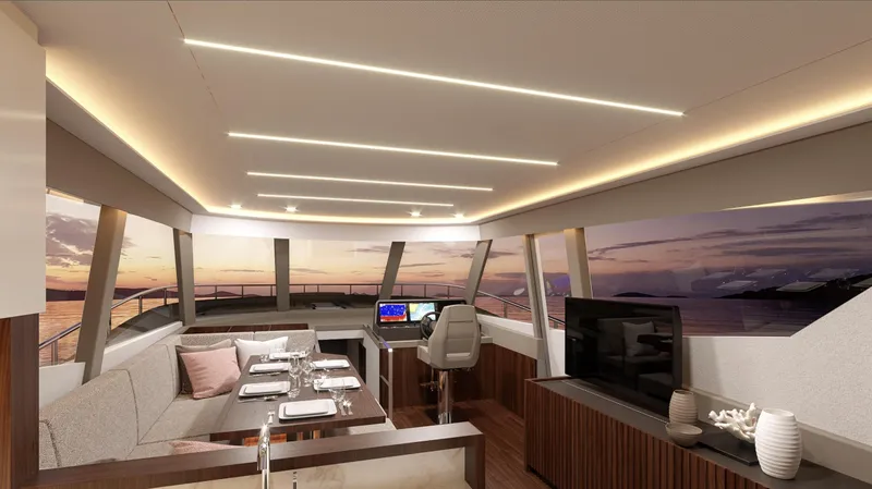 70 St Yacht Photos Pics Luxurious interior of 2026 Monachus 70 ST yacht with elegant dining area and panoramic views.