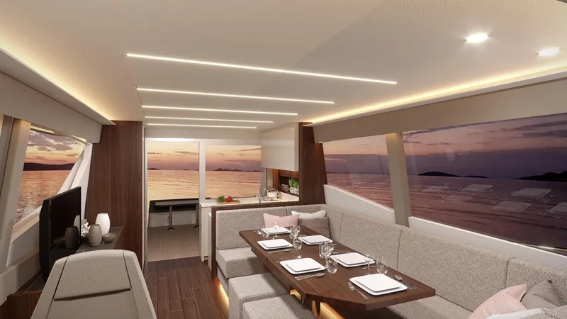 70 St Yacht Photos Pics Luxurious interior of 2026 Monachus 70 ST yacht with elegant dining area and sunset view.