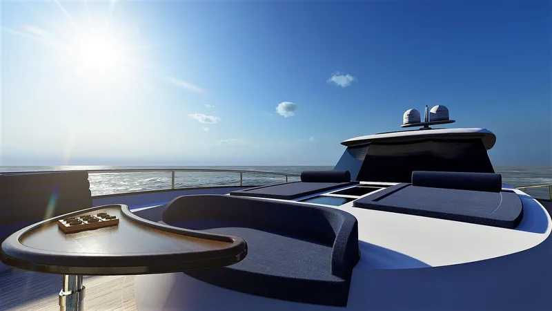 70 St Yacht Photos Pics Luxurious Monachus 70 ST yacht deck with sun loungers, ocean view, and bright sunlight, 2026 model.
