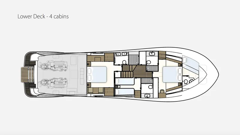 70 St Yacht Photos Pics Lower deck layout of 2026 Monachus 70 ST yacht with four cabins.