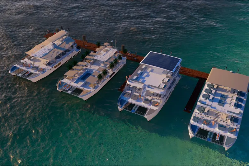  Yacht Photos Pics Four luxury catamarans docked at a pier, Custom PAXCAT model, 2027.