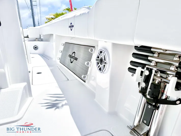  Yacht Photos Pics 2023 Fountain 38 CC boat interior with Big Thunder Marine logo.