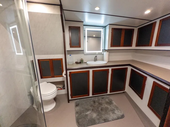 Starlight Yacht Photos Pics Luxurious bathroom in 1986 Custom Expedition Vessel 58 with modern fixtures and wooden cabinetry.