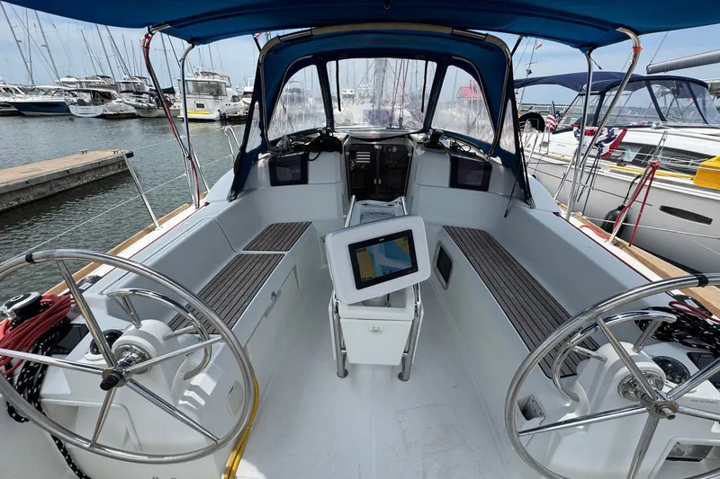 Layover Yacht Photos Pics 2018 Jeanneau Sun Odyssey 389 sailboat cockpit with dual steering wheels and navigation display.