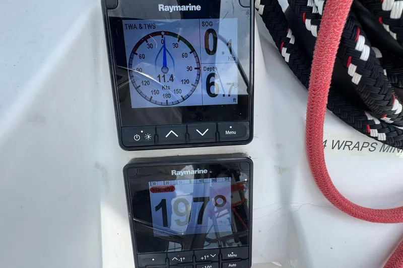 Layover Yacht Photos Pics Raymarine navigation displays on 2018 Jeanneau Sun Odyssey 389 sailboat, showing speed and heading.