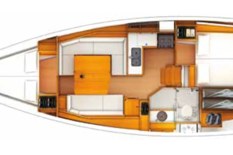 Layover Yacht Photos Pics Interior layout of 2018 Jeanneau Sun Odyssey 389 sailboat, featuring kitchen, seating, and sleeping areas.