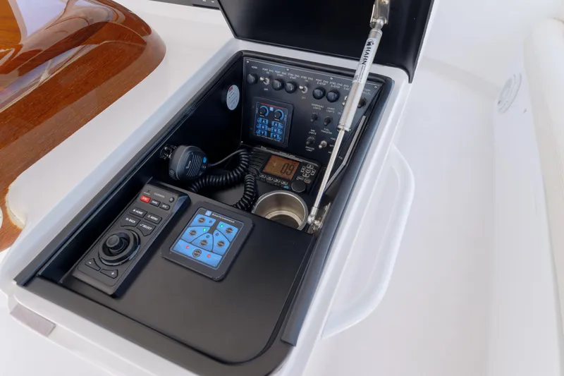 Time Away Yacht Photos Pics Control panel of 2019 Viking 48 Convertible yacht with navigation and communication equipment.