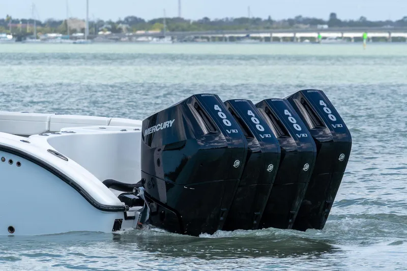  Yacht Photos Pics 2024 Yellowfin 42 Offshore with four Mercury 400 V10 outboard engines on water.
