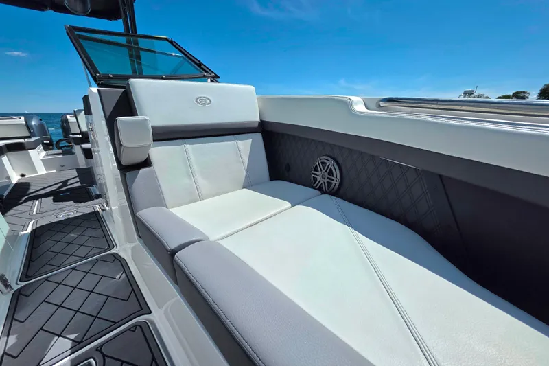  Yacht Photos Pics 2024 Cobalt R8 Outboard boat interior with luxurious seating and modern design.