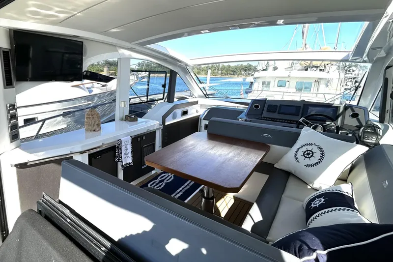 Zantical Yacht Photos Pics Luxurious interior of 2020 Galeon 425 HTS yacht with elegant seating and modern amenities.