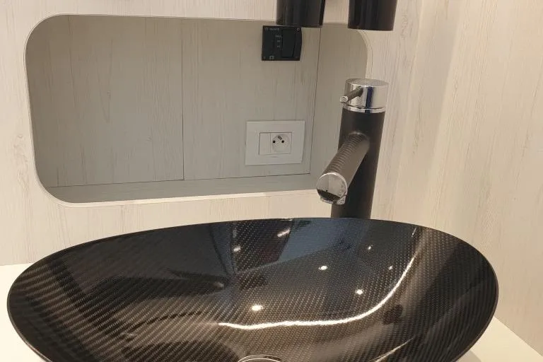 Malola Yacht Photos Pics Luxurious carbon fiber sink in 2022 Canados Gladiator 431 WA yacht bathroom.