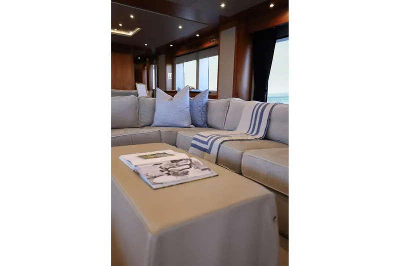 Marin Yacht Photos Pics Luxurious interior of 2014 Sunseeker 131 yacht with elegant seating and decor.