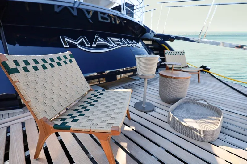 Marin Yacht Photos Pics Luxury Sunseeker 131 yacht deck with stylish woven furniture, 2014 model.
