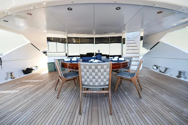 Marin Yacht Photos Pics Luxury Sunseeker 131 yacht deck with dining area, 2014 model.