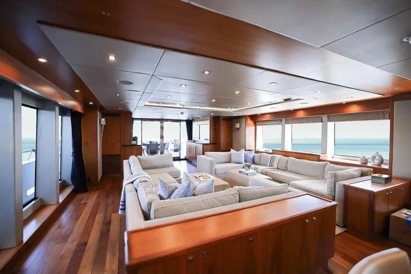 Marin Yacht Photos Pics Luxurious interior of 2014 Sunseeker 131 yacht with elegant seating and ocean views.